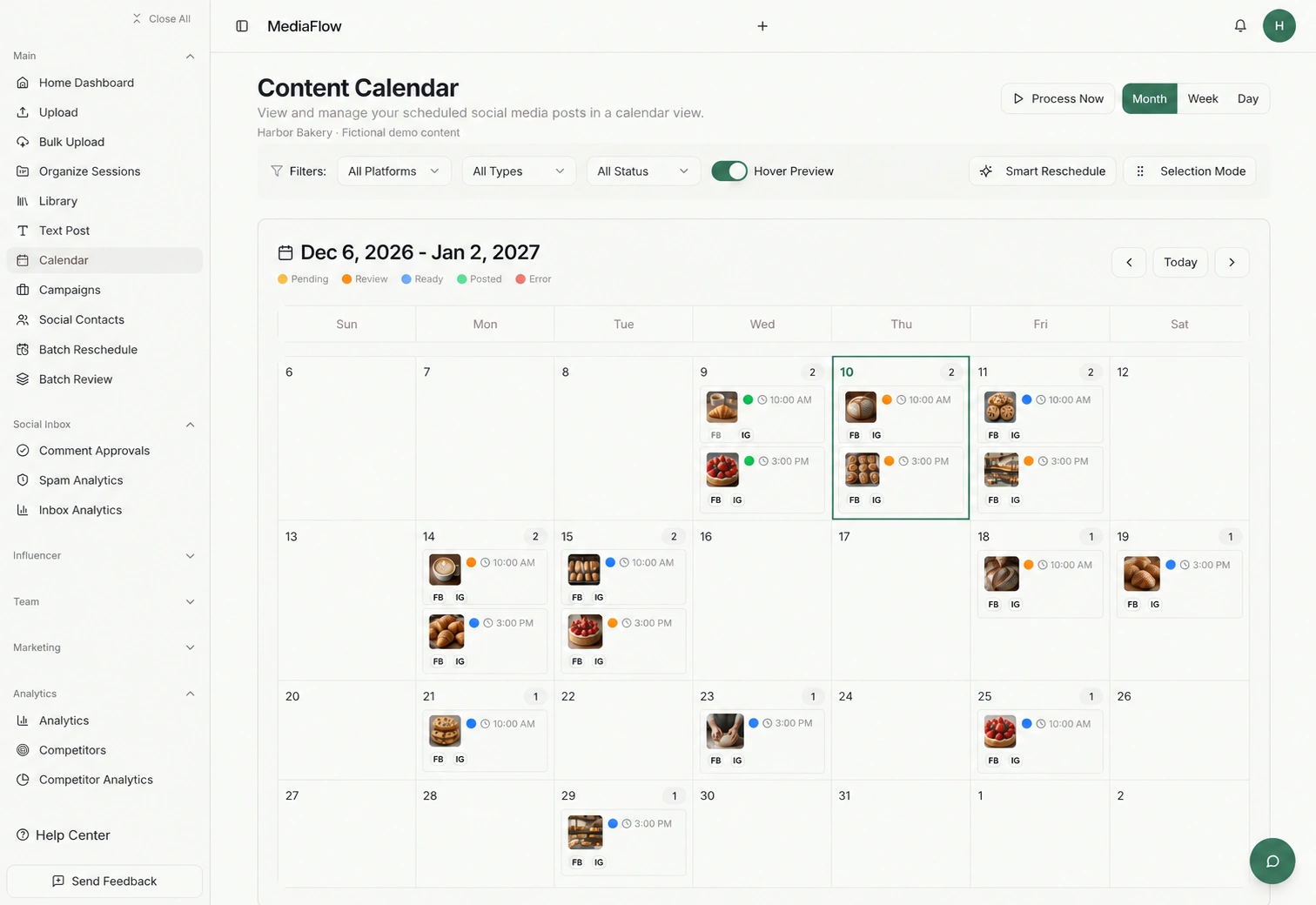 MediaFlow calendar for December 6, 2026 through January 2, 2027, with December 10 highlighted and fictional bakery posts in posted, ready and review states.