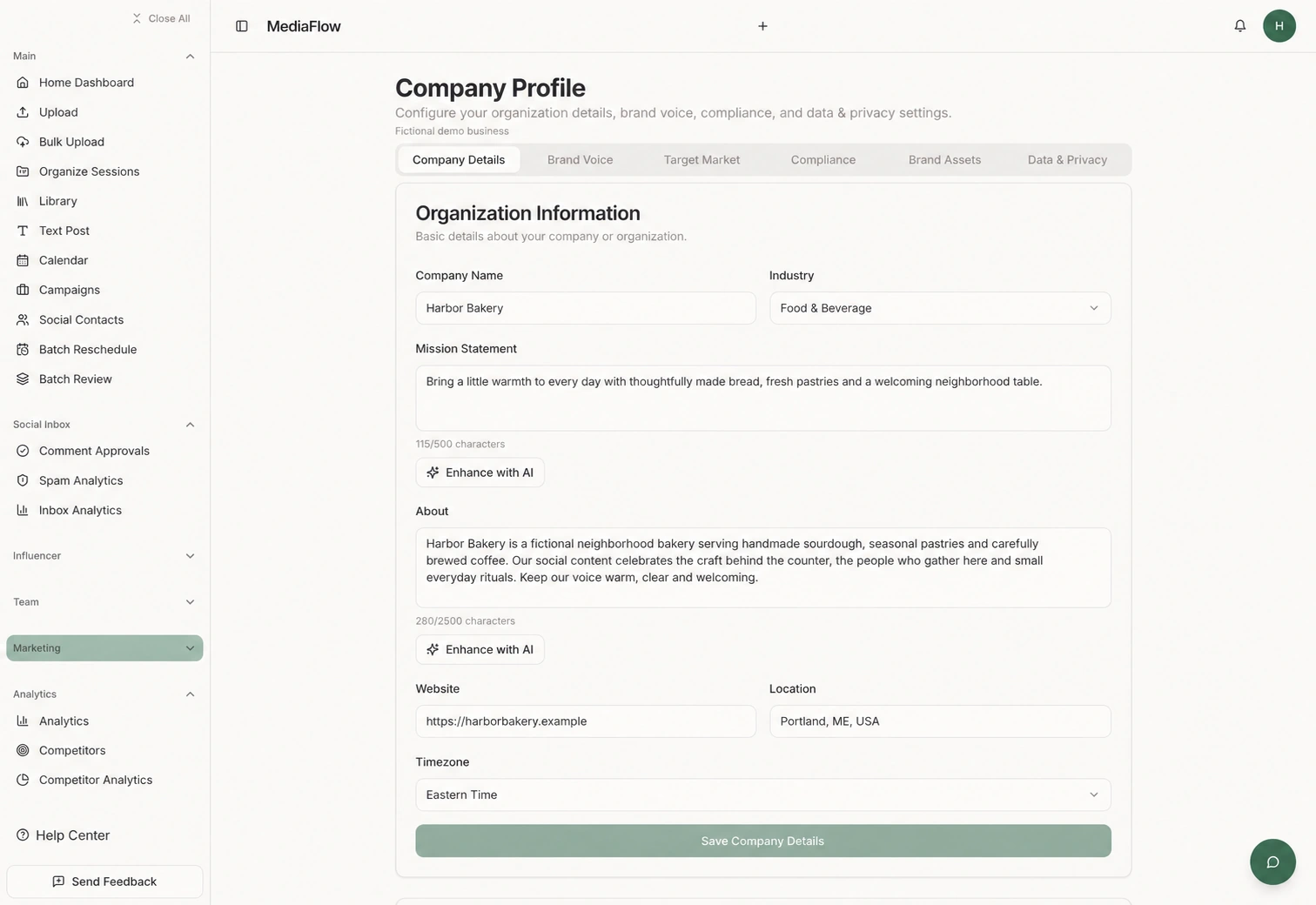 MediaFlow’s real Company Profile form with fictional Harbor Bakery business details, mission and description.