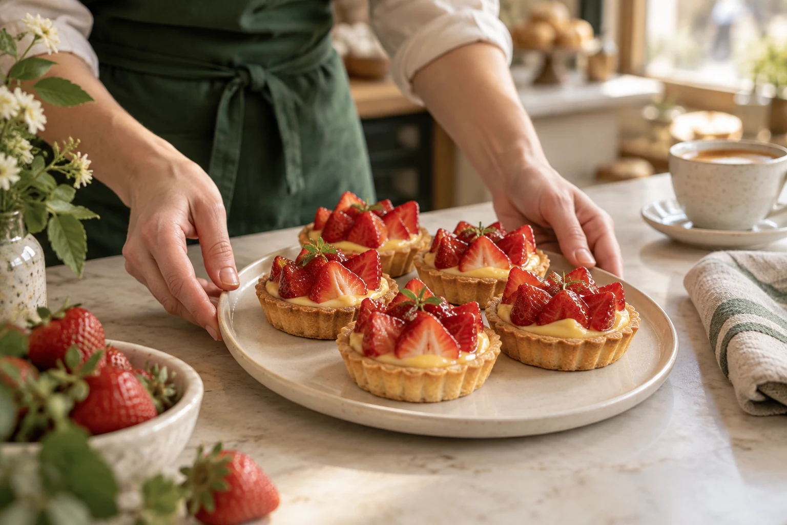 Fictional neighborhood bakery example: Strawberry tarts being arranged beside coffee in a bakery